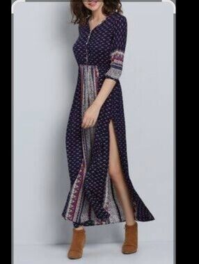 SHE IN Navy Patterned Boho Maxi Dress with 2 Side Slits Rayon Boho Size M